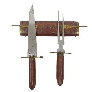 Vintage Carving Knife Fork Set Carved Wood Sheath Brass Engraved India